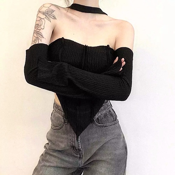 Black off the shoulder choker long sleeve top - Picture 6 of 9